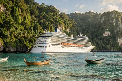 Paquebot de croisière ancré près d'une côte africaine tropicale avec végétation luxuriante et eaux turquoise