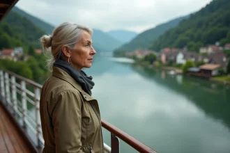 Femme voyageuse regardant la rivière paisible lors d'une croisière