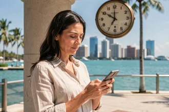 Femme consultant son téléphone devant la skyline de Miami avec une horloge indiquant le décalage horaire