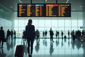 Femme d'affaires dans un aéroport international regardant un tableau d'affichage des vols indiquant les heures de Paris et de Dubaï