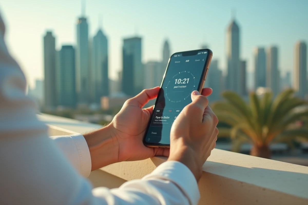 Mains tenant un smartphone affichant les fuseaux horaires de Paris et Dubaï sur une terrasse avec vue sur les gratte-ciels de Dubaï