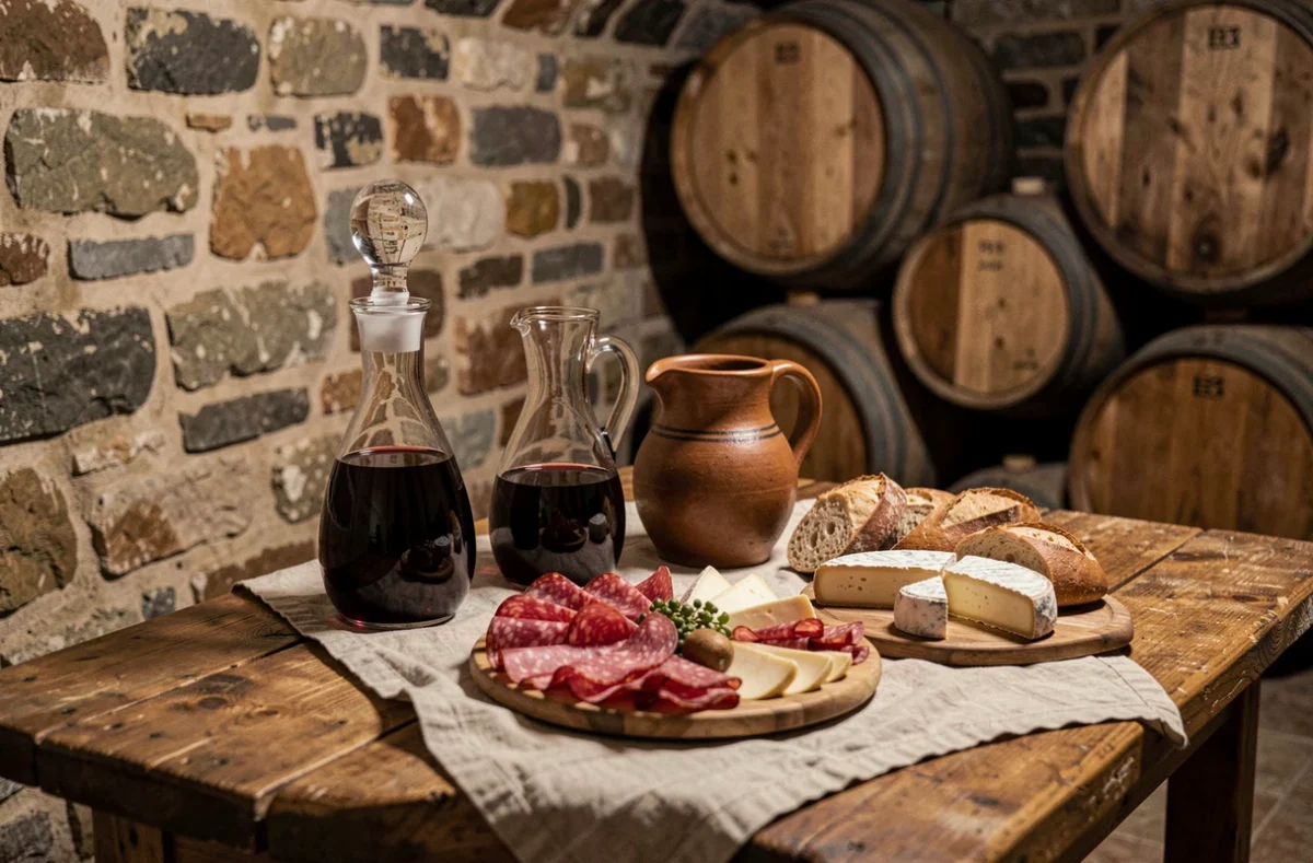 Table de dégustation avec rakija et vin rouge dans une cave traditionnelle macédonienne à Tikveš