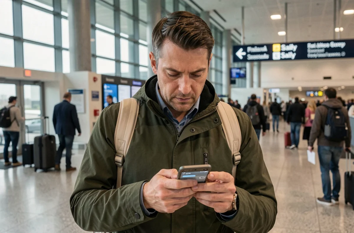 Voyageur dépannant sa connexion Saily depuis l'application dans un terminal d'aéroport international