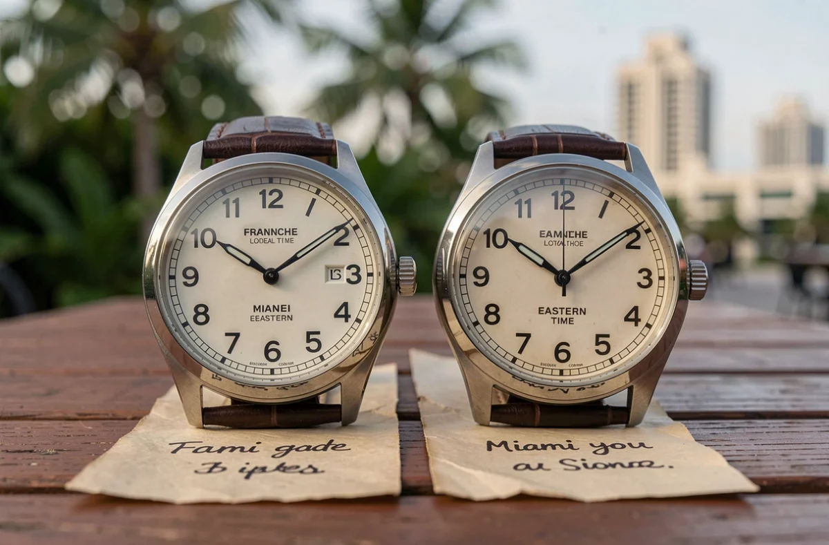 Deux montres côte à côte représentant le décalage horaire entre la France et Miami