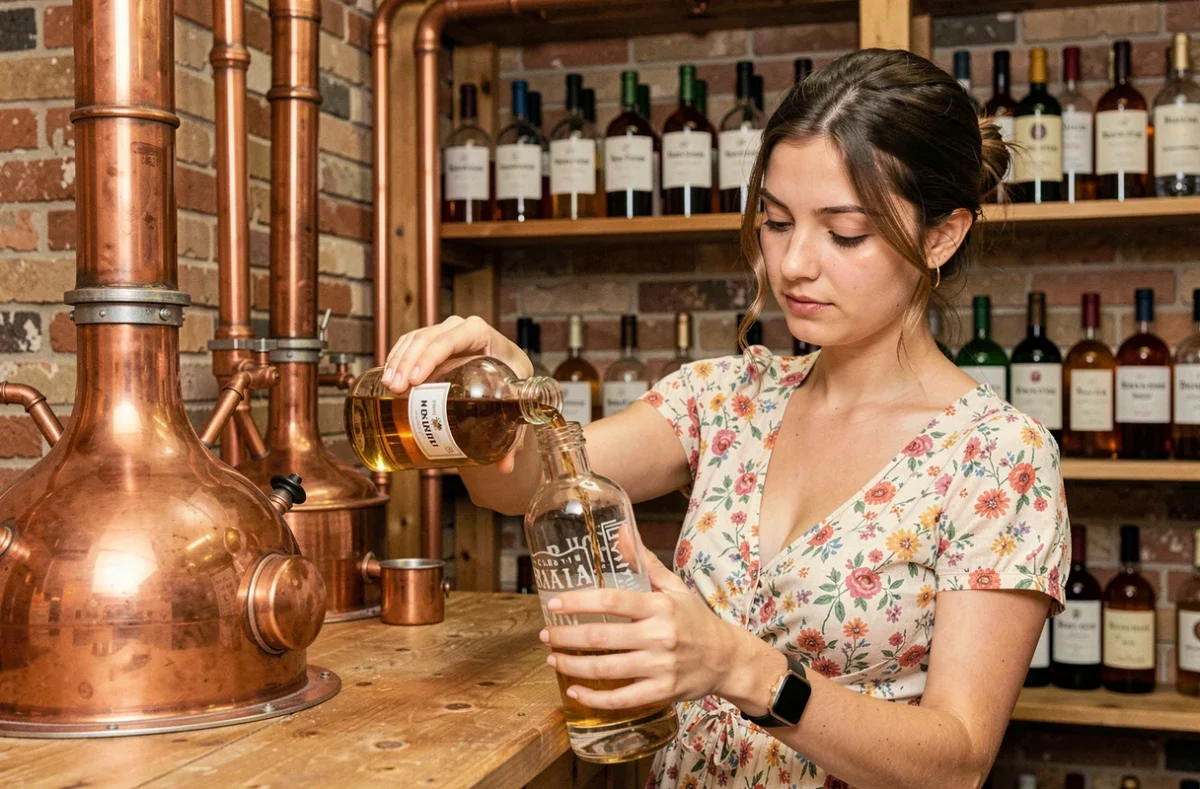 Femme macédonienne distillant de la rakija traditionnelle dans une distillerie artisanale de Macédoine