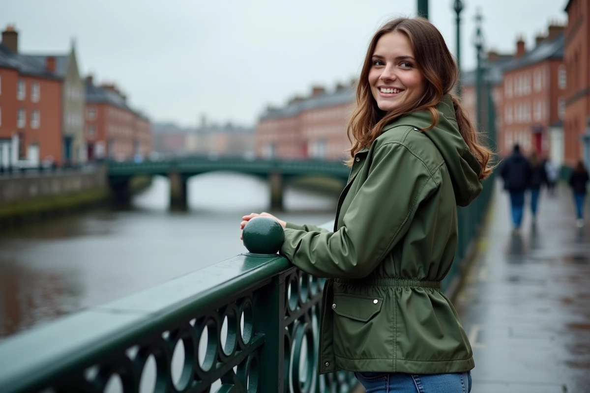 Jeune femme sur le pont Ha'penny à Dublin avec la rivière Liffey