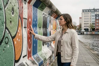 Femme admirant les fresques murales de l'East Side Gallery sur les vestiges du mur de Berlin