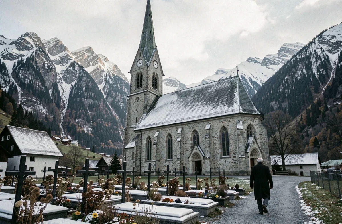 Église protestante de Hallstatt et son cimetière historique sous la neige, ambiance hivernale authentique dans le village autrichien désert