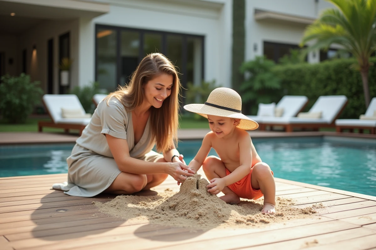 Maman aidant son enfant à construire un château de sable