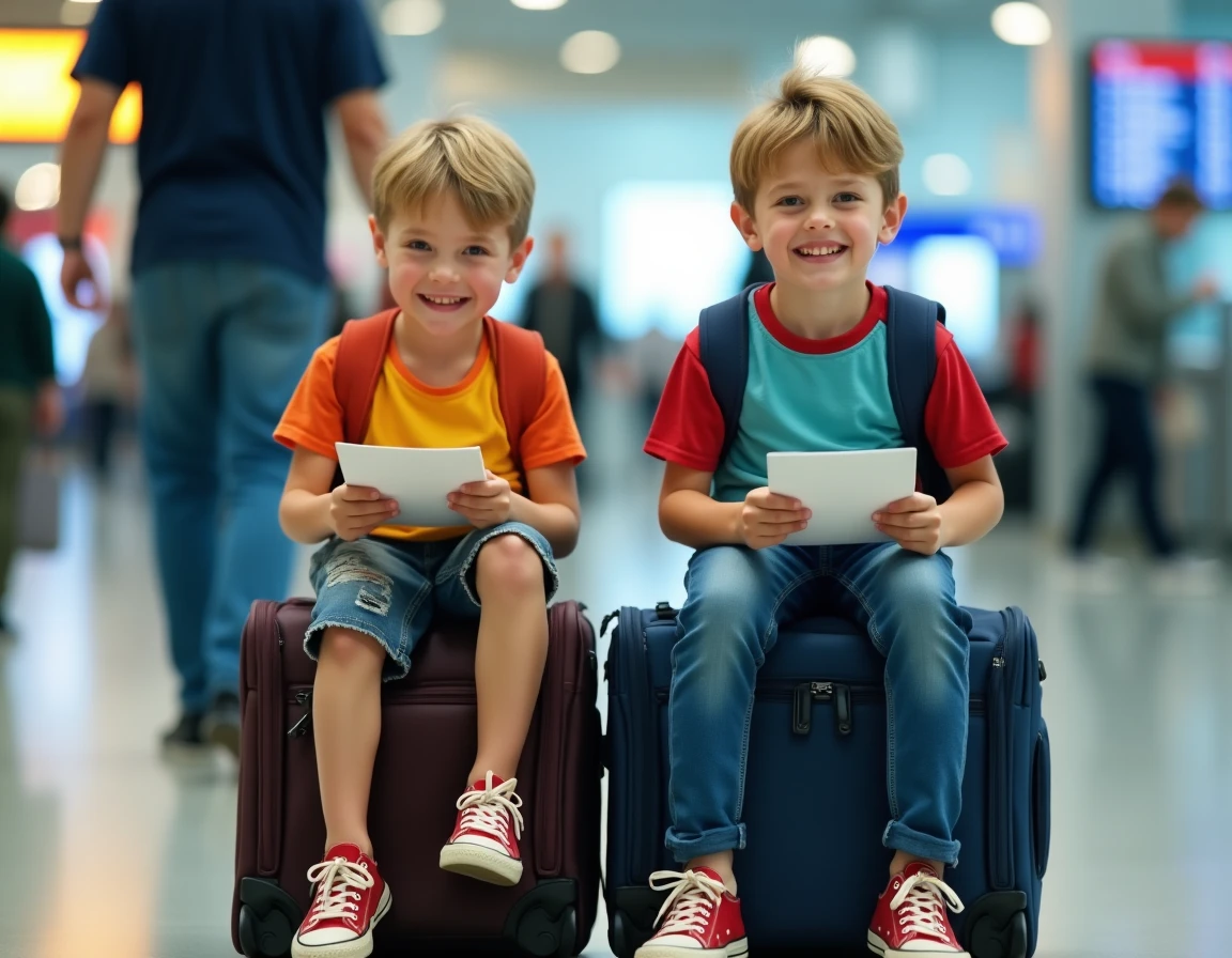 Enfants assis sur leurs valises à l'aéroport de Nantes Atlantique avant un départ en voyage organisé Leclerc