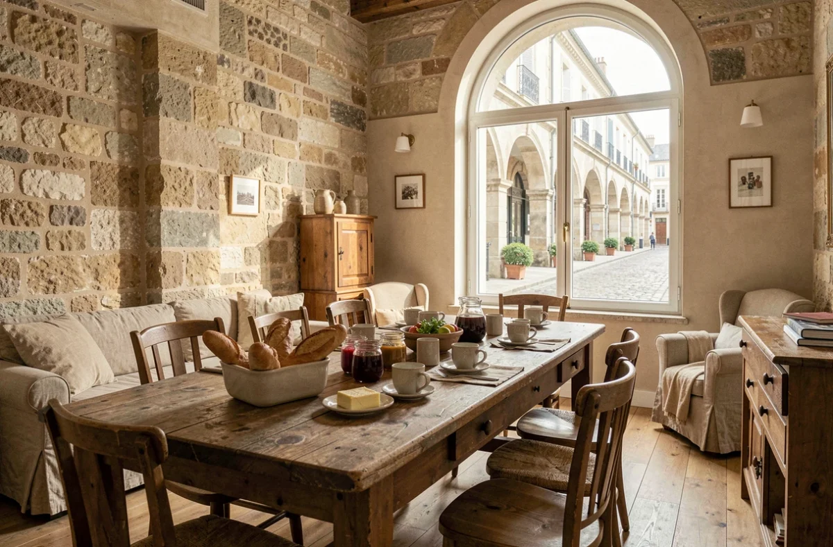 Salle de petit-déjeuner d'Entre Hôtes à La Rochelle avec murs en pierre apparente, table de ferme et vue sur les arcades rochelaises