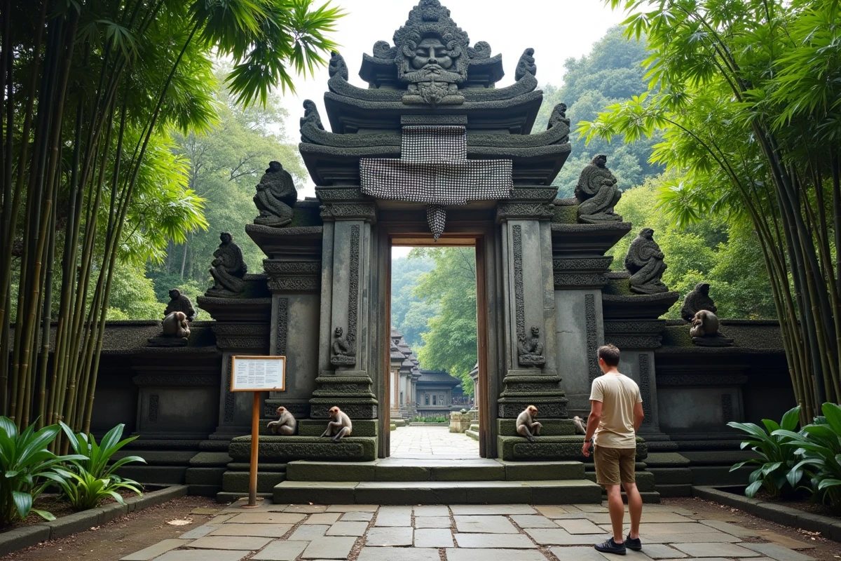 Porte d'entrée monumentale de la Sacred Monkey Forest à Ubud avec des macaques sur les marches et un voyageur solo lisant un panneau d'information