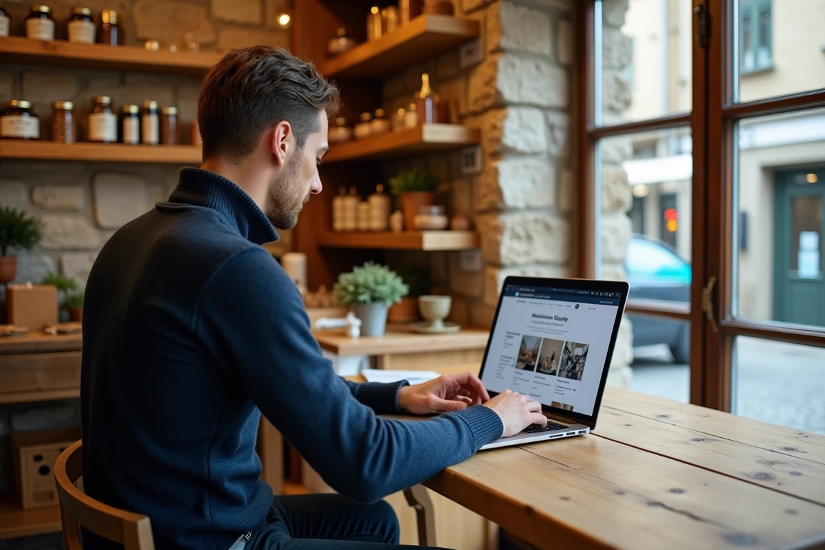 Entrepreneur basque gérant la vitrine digitale de sa boutique locale sur ordinateur