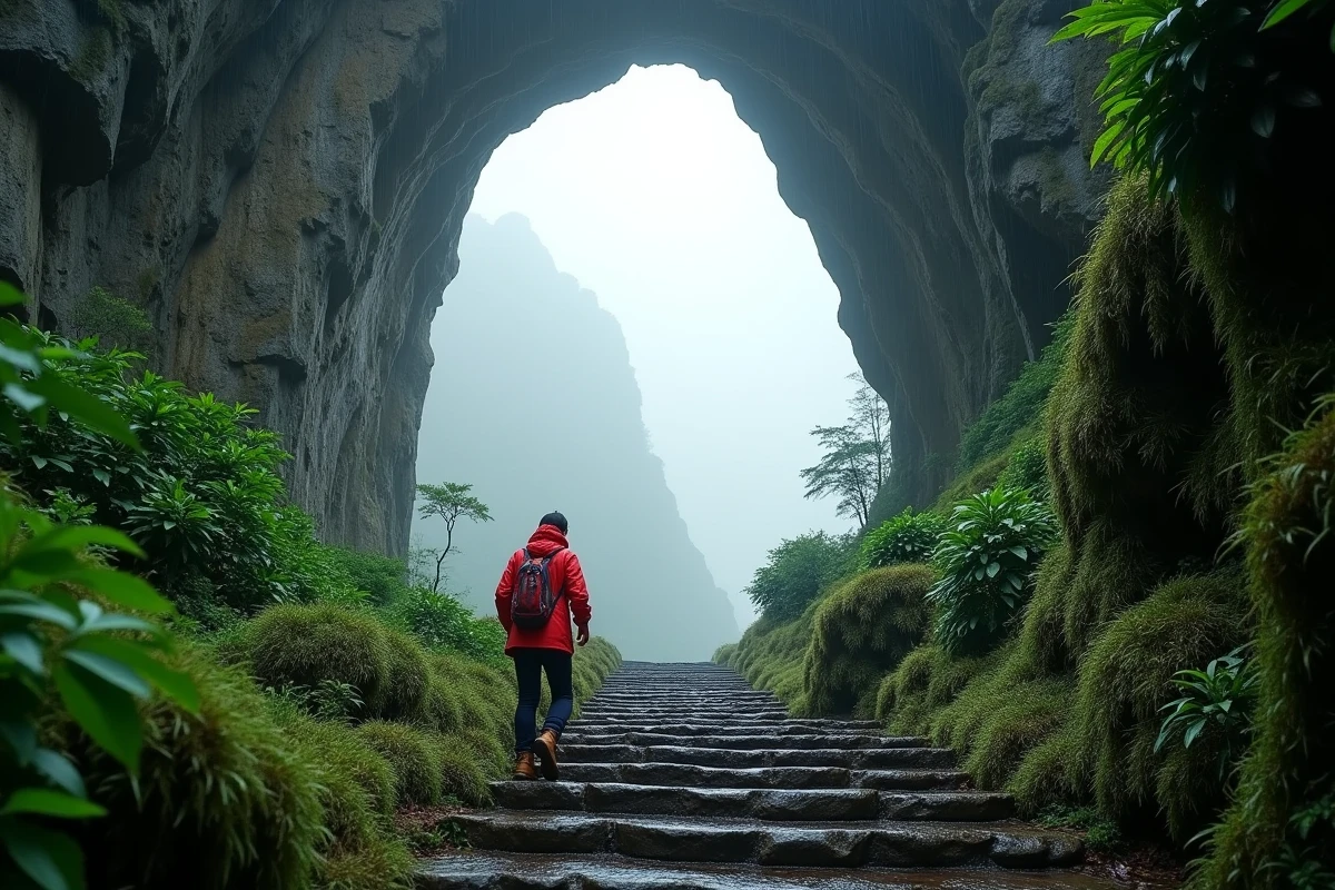Randonneur solitaire gravissant les 999 marches vers l'arche naturelle de la Grotte du Paradis à Tianmen Mountain, Zhangjiajie