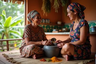 Femme réunionnaise en cuisine créole traditionnelle partageant une recette authentique avec une voyageuse, broyage d'épices avec un pilon volcanique