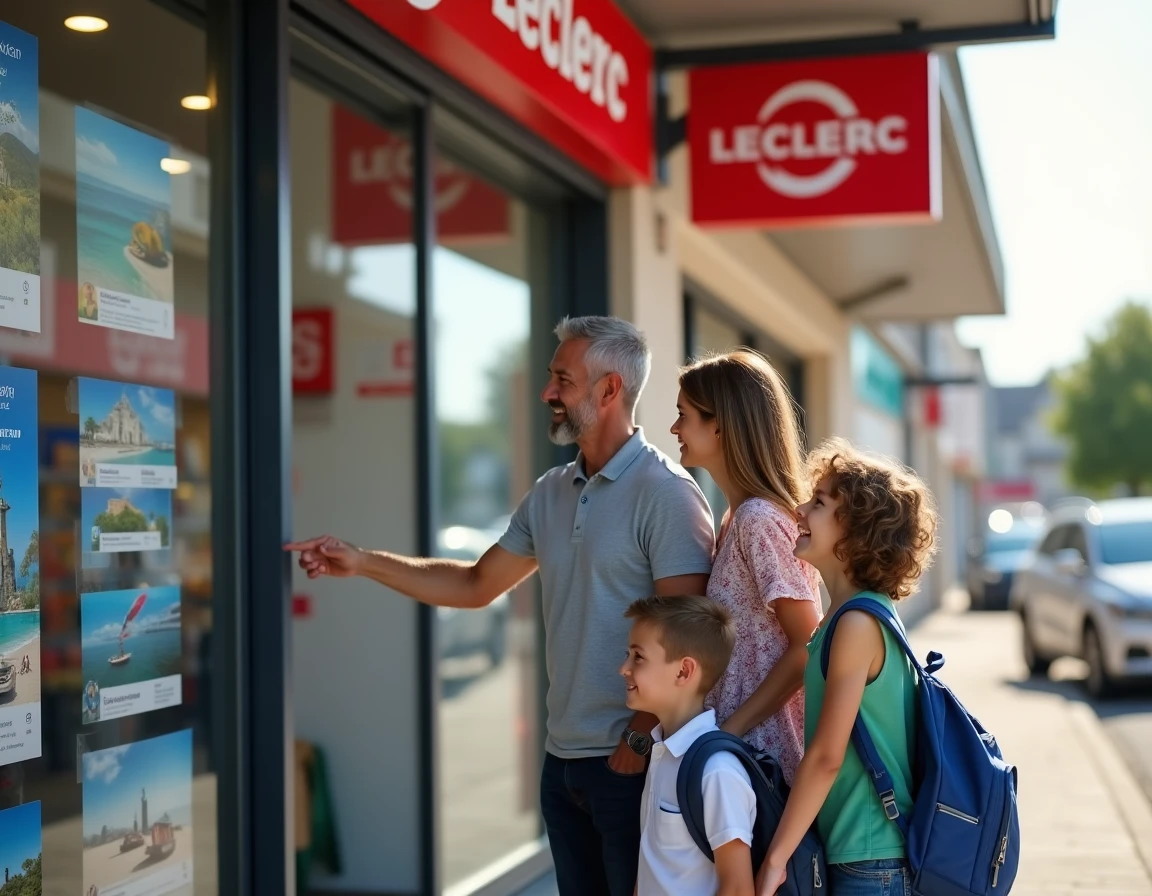 Famille avec enfants devant une agence Leclerc Voyages à Nantes pour réserver un voyage de dernière minute