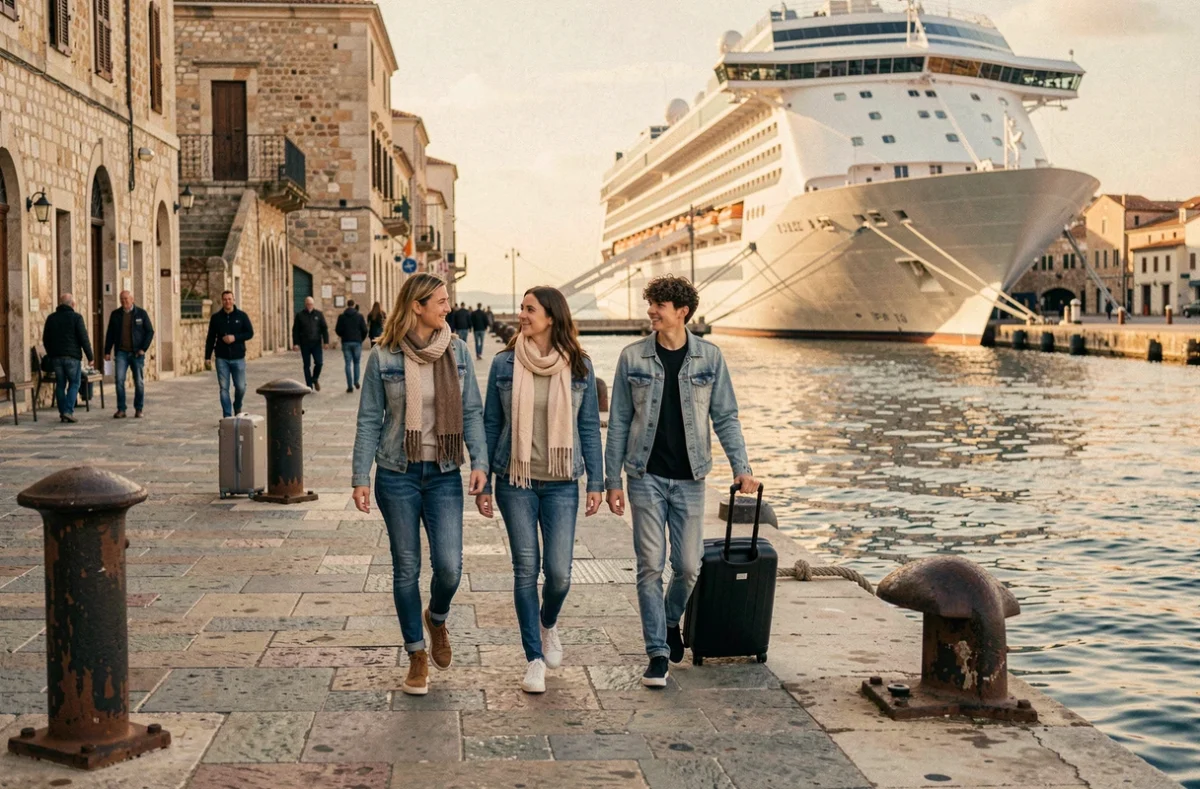 Famille embarquant sur un paquebot de croisière en Méditerranée en automne avec des bagages