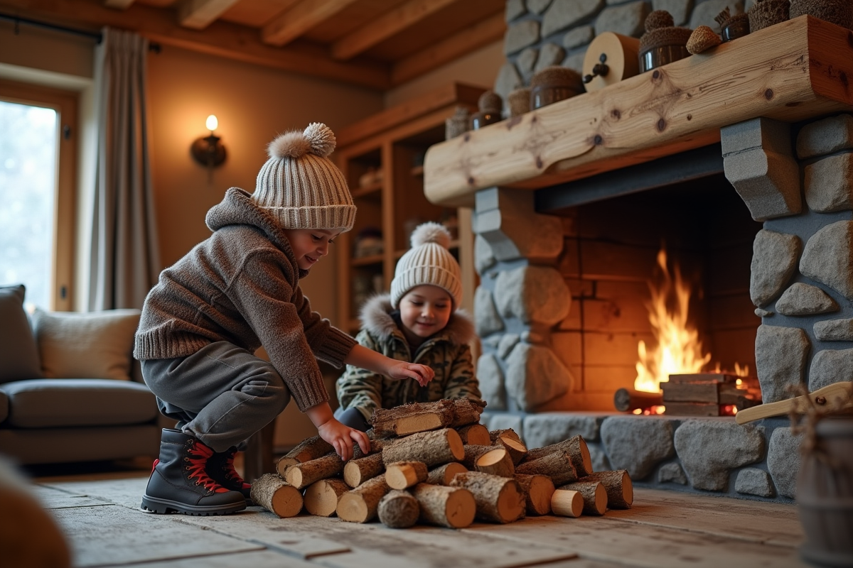 Famille avec enfants préparant du bois près du feu