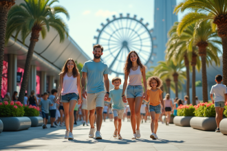 Famille souriante devant un parc d'attractions futuriste 2025