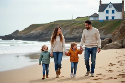 Famille souriante sur la plage bretonne en famille