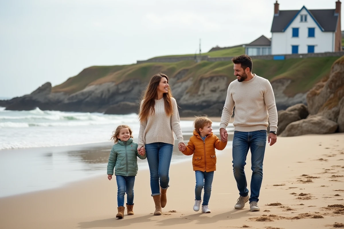Famille souriante sur la plage bretonne en famille