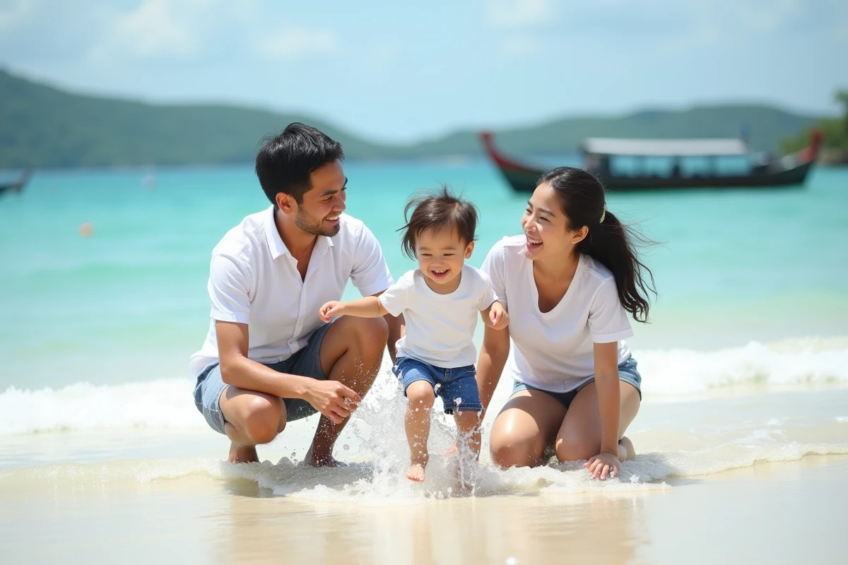Famille souriante jouant sur la plage de Lombok