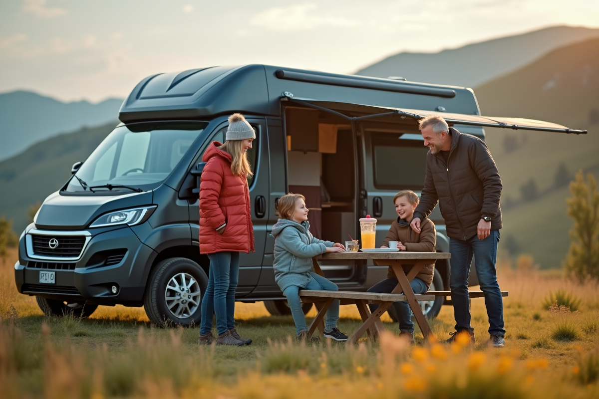 Famille préparant le camping dans un pré de montagne