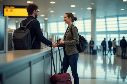 Femme souriante au check-in à l'aéroport