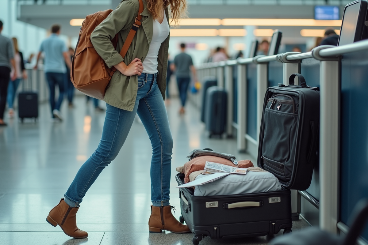 Jeune femme à l'aéroport avec une valise ouverte