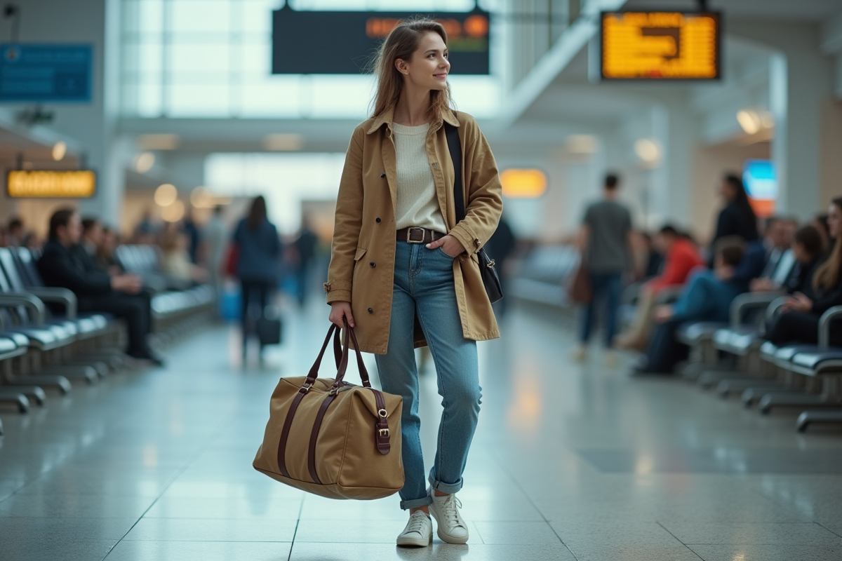Jeune femme souriante dans un aéroport avec sac weekender