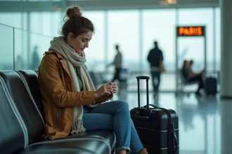 Jeune femme regardant sa montre dans un aéroport
