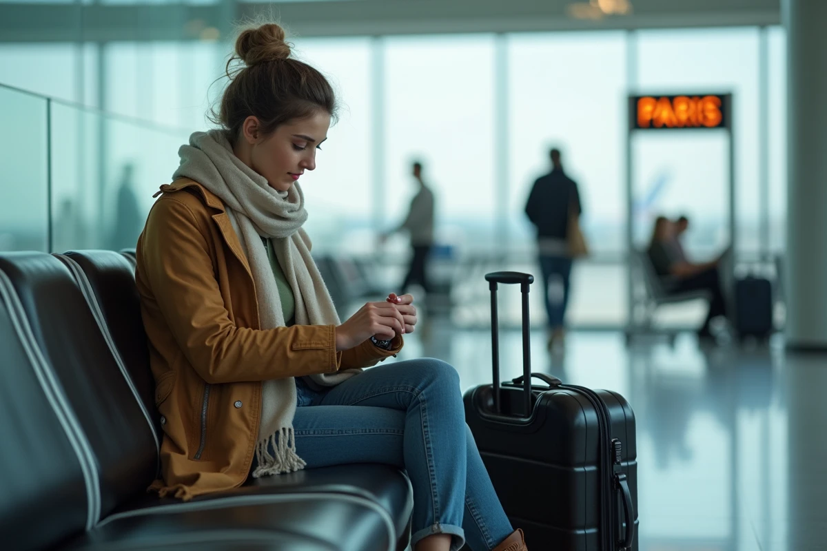 Jeune femme regardant sa montre dans un aéroport