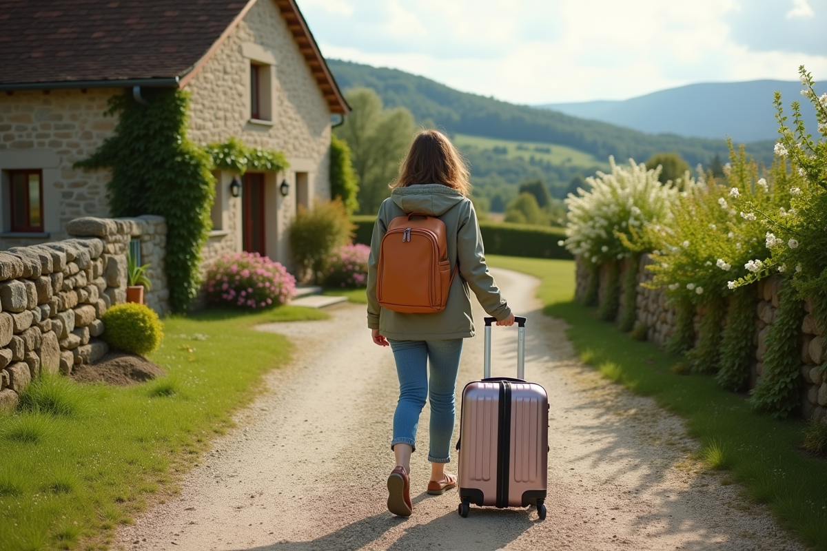 Jeune femme poussant une valise vers un gîte rural