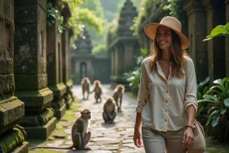 Jeune femme balinaise avec chapeau en balade dans la forêt