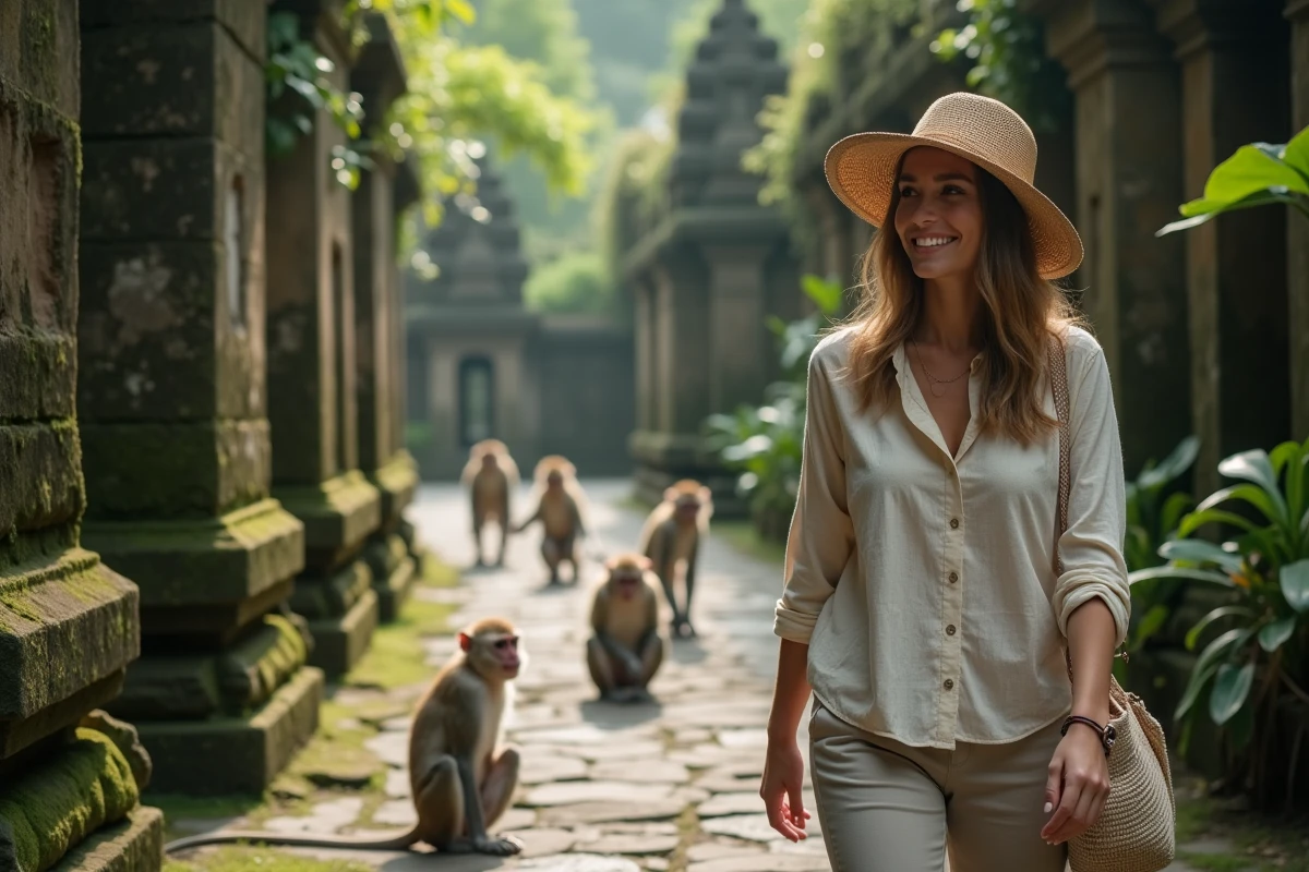 Jeune femme balinaise avec chapeau en balade dans la forêt