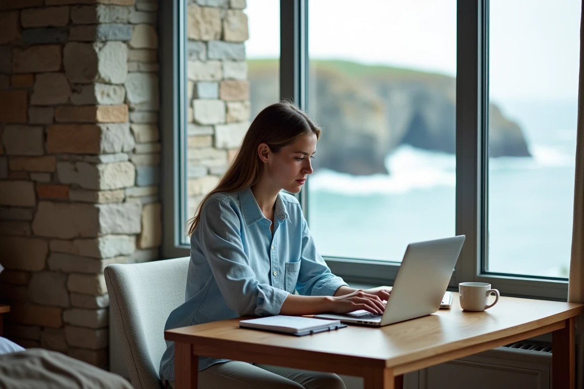 Femme au bureau face à la mer en Bretagne