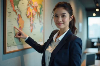 Femme professionnelle désignant une carte des fuseaux horaires du monde accrochée dans un bureau moderne