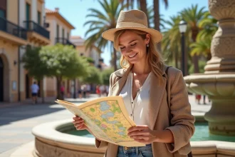 Femme souriante étudiant une carte à Malaga