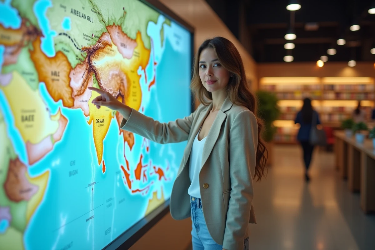 Femme pointant Dubaï sur une grande carte murale de l'Asie dans une bibliothèque moderne