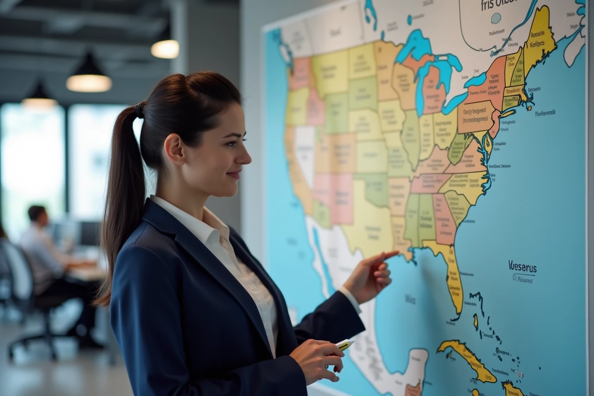 Femme professionnelle pointant une grande carte murale des États-Unis dans un bureau moderne, indiquant les régions et états américains