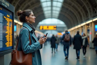Femme tenant une carte de réduction SNCF dans la gare de Lyon Part-Dieu avant de prendre un train pour l'Italie