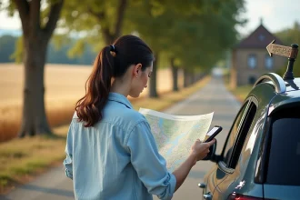 Femme consultant une carte routière et une application Mappy debout près de sa voiture sur une route de campagne française