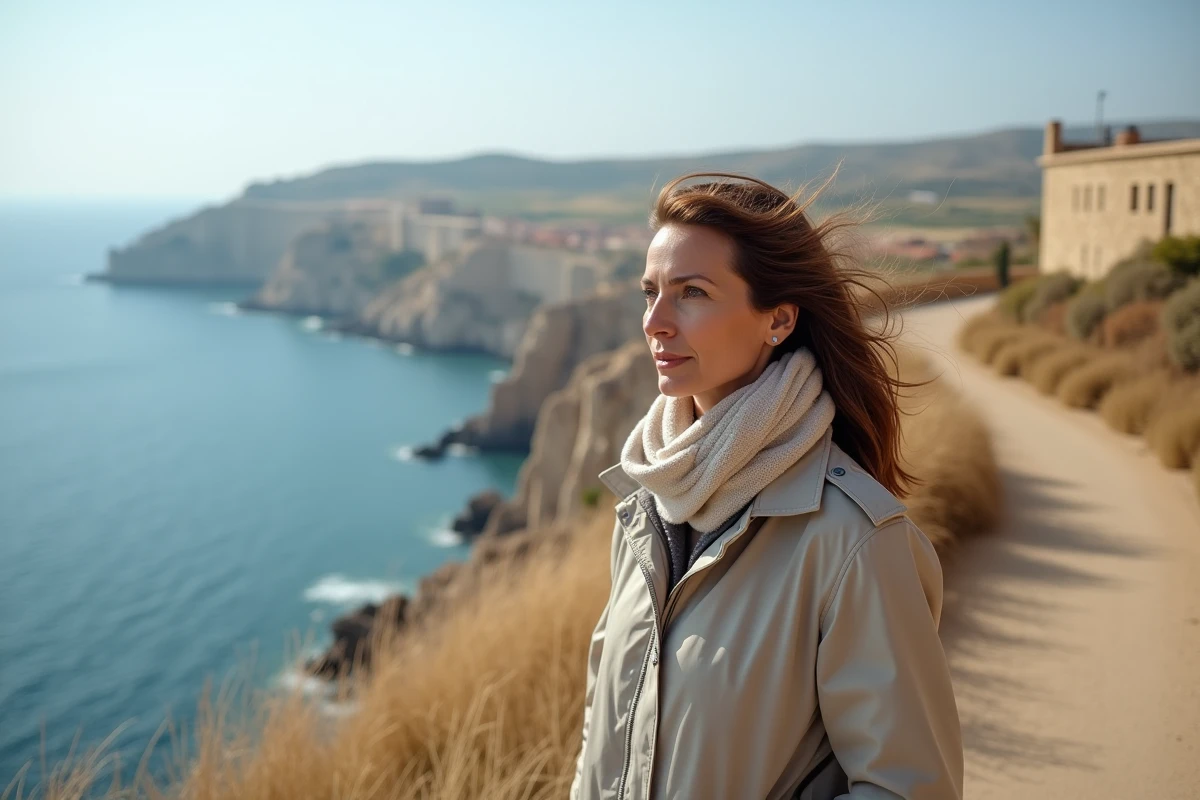 Femme en windbreaker regardant la mer à Malte