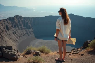 Femme contemplant le cratère du Vésuve avec vue panoramique sur la baie de Naples en Campanie