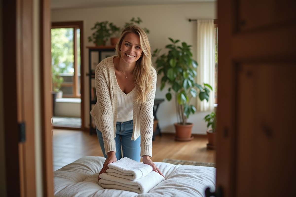 Femme souriante arrangeant des serviettes dans une chambre chaleureuse