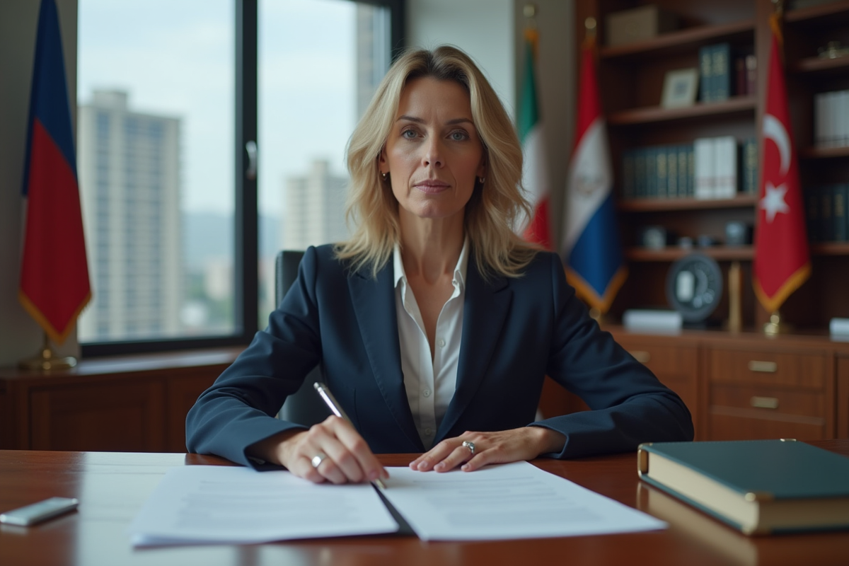 Femme diplomate en costume navy dans un bureau moderne