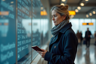 Femme méditerranéenne près du tableau d'embarquement à l'aéroport