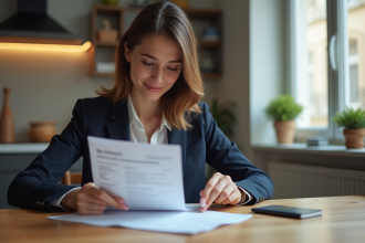 Jeune femme française consulte ses relevés bancaires à la maison