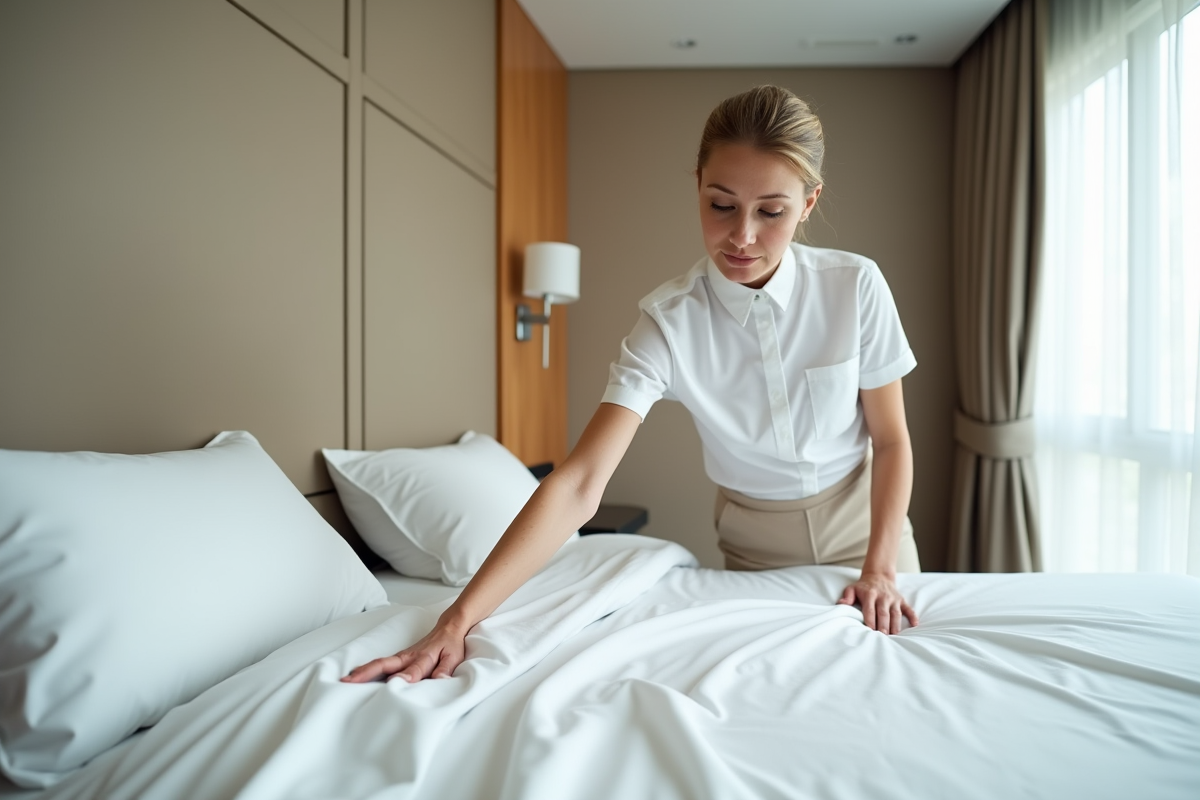 Femme de chambre dans un hôtel qui lisse des draps blancs