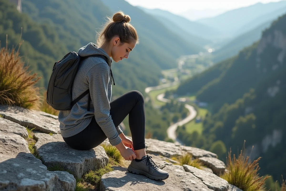 Jeune femme attachant ses chaussures sur un rocher